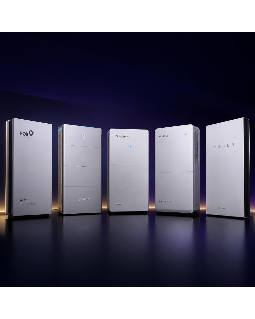 Five realistic solar batteries displayed side-by-side: Fox ESS EP11, Sigenergy SigenStor, Sungrow SBR, GoodWe Lynx F G2 and Tesla Powerwall 3, on a dark blue and purple background.