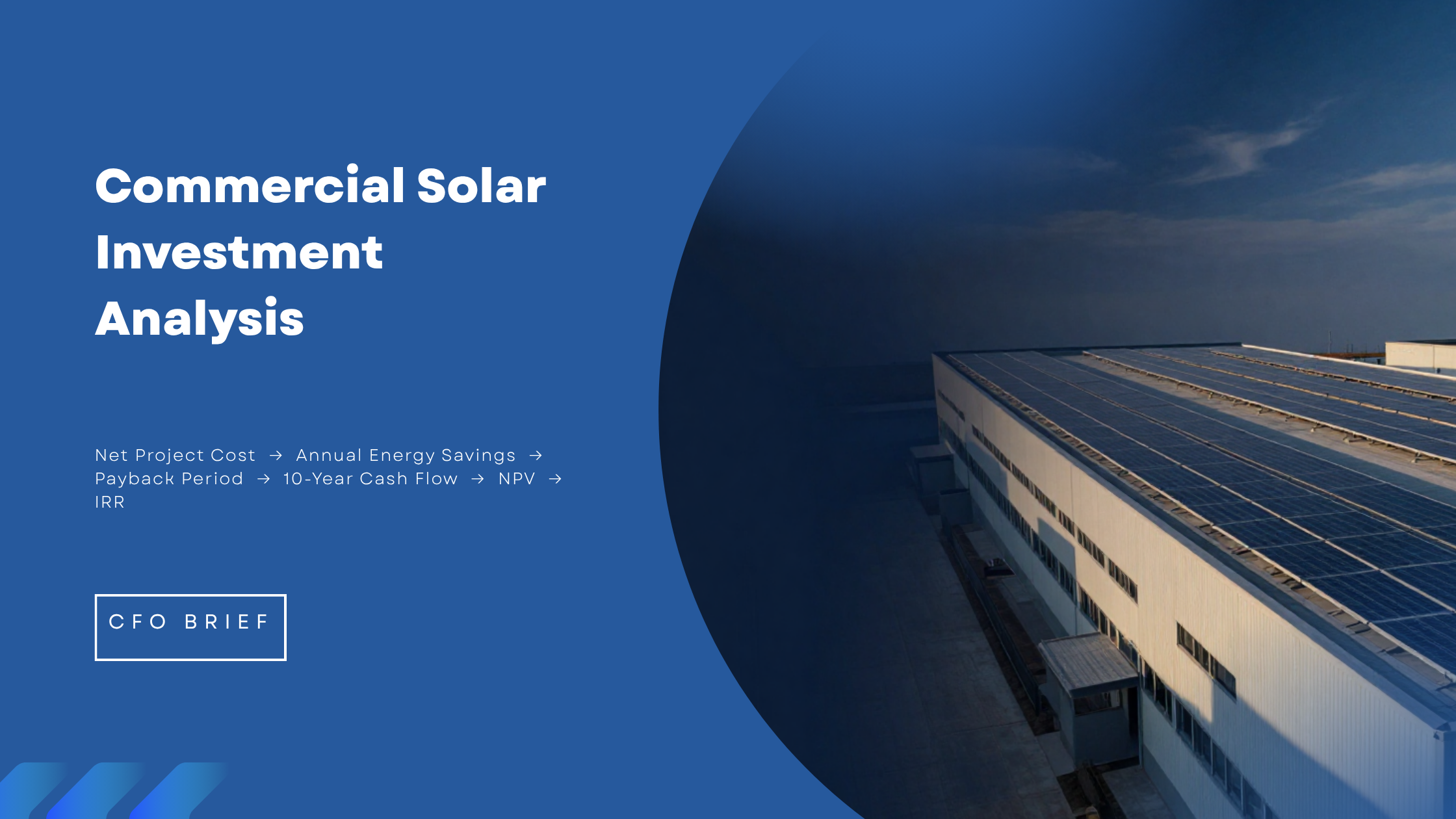 Commercial solar ROI framework including project cost, annual savings, payback, NPV and IRR