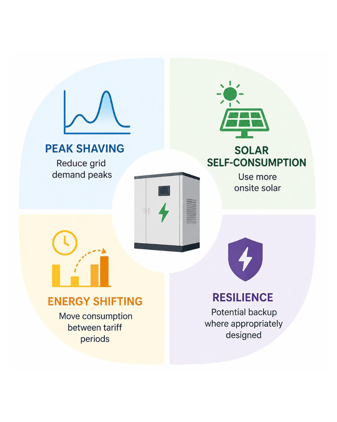 Four potential commercial battery value streams: peak shaving, solar self-consumption, energy shifting and resilience.