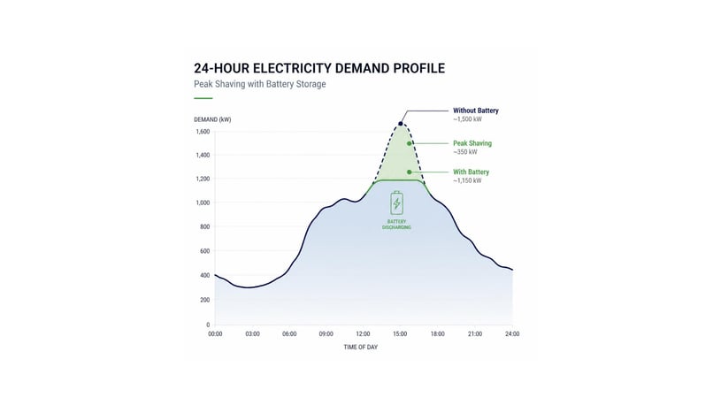 Commercial battery peak shaving reducing a business's maximum electricity demand