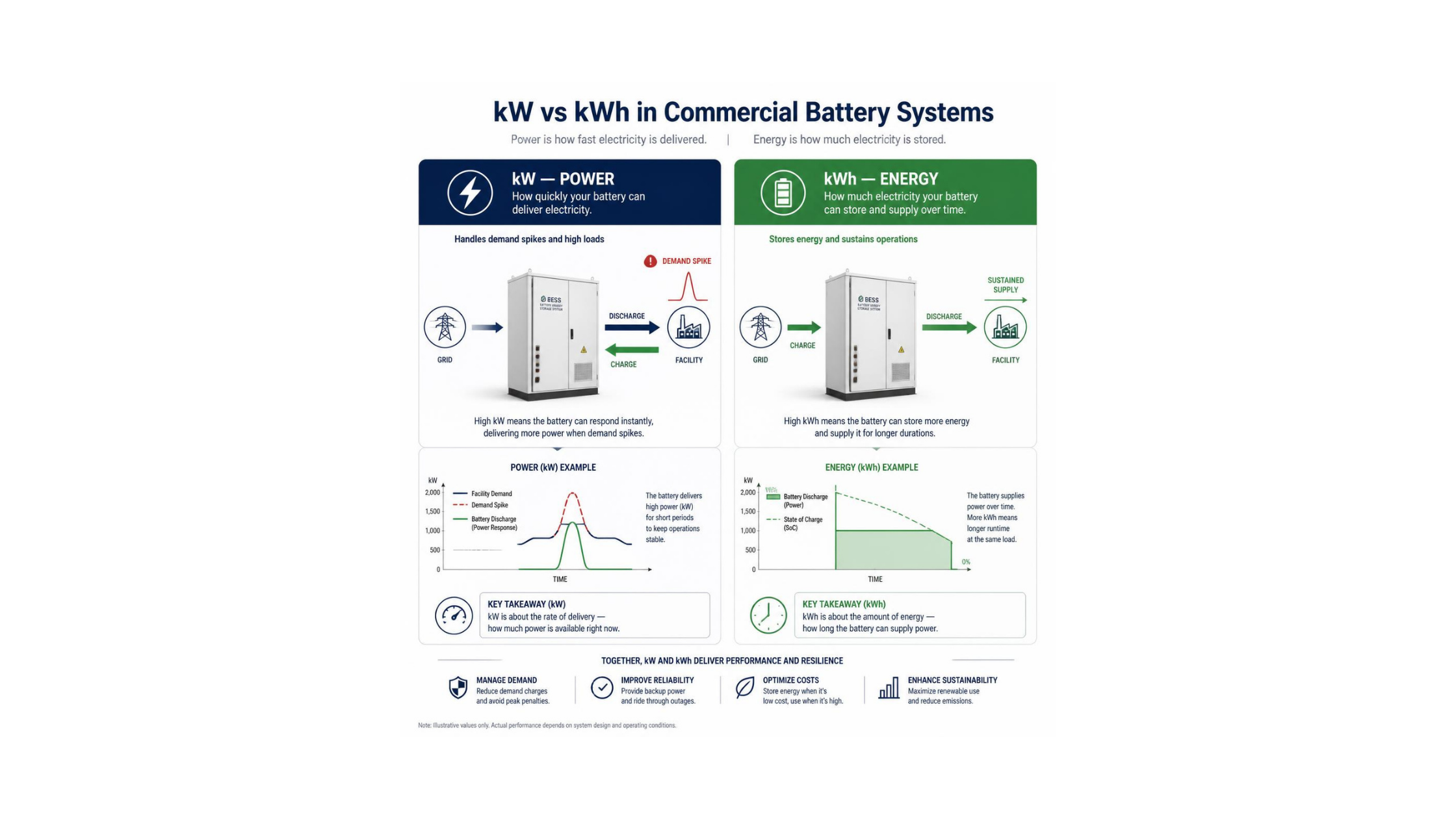 Difference between battery power in kW and battery storage capacity in kWh for commercial BESS