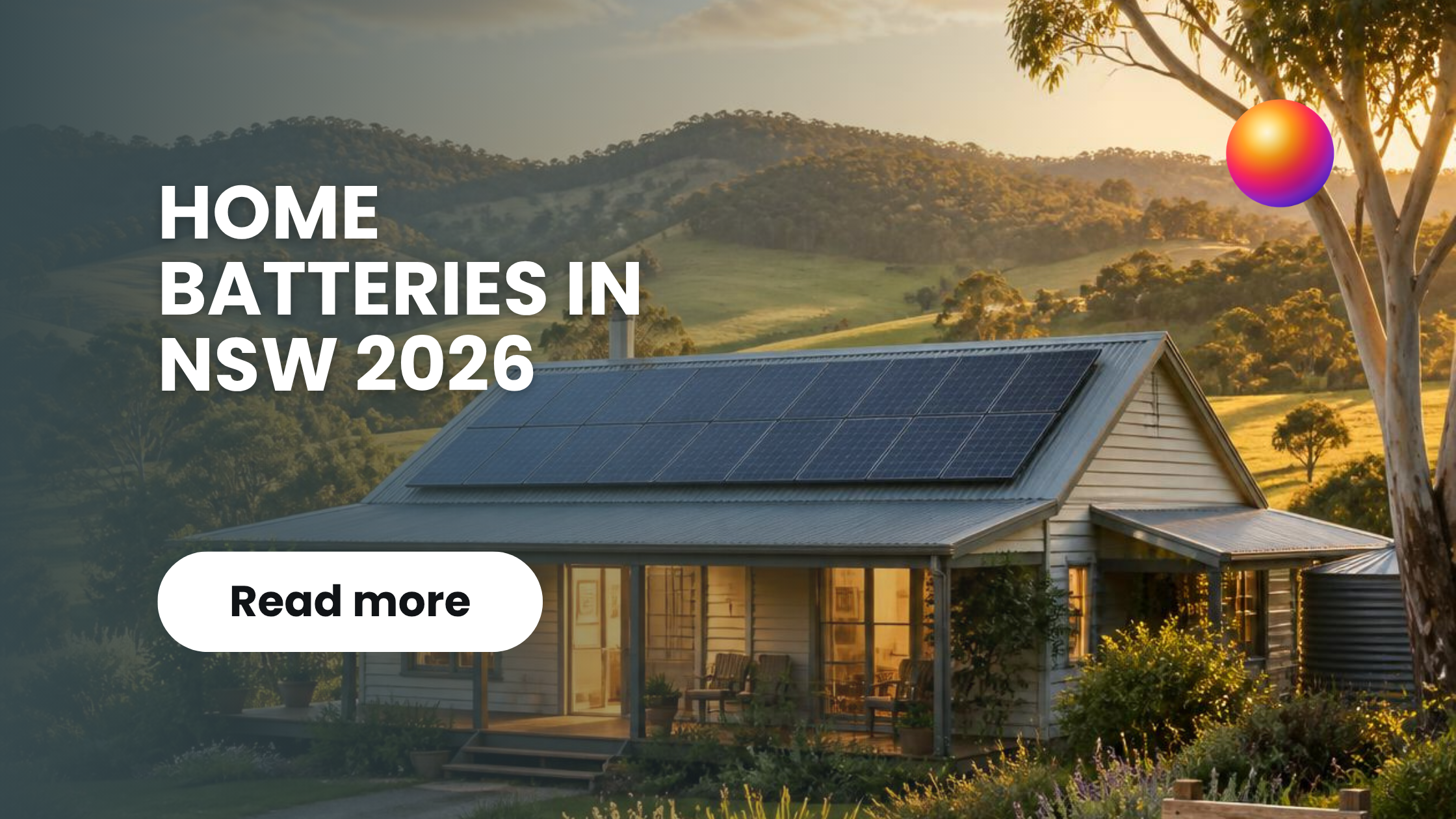Modern Australian home in NSW with rooftop solar panels and a home battery system at sunset.