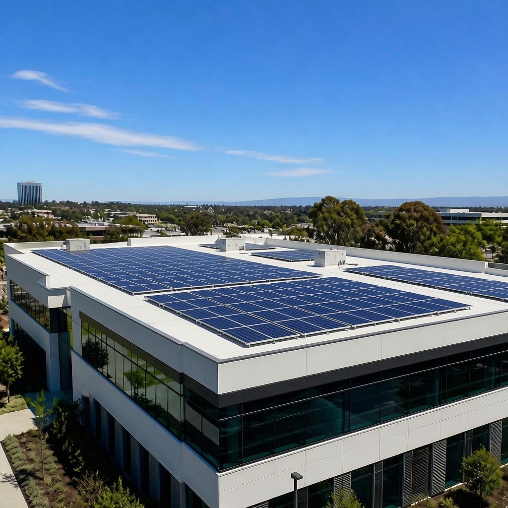 Commercial rooftop solar panel installation on an office or retail building
