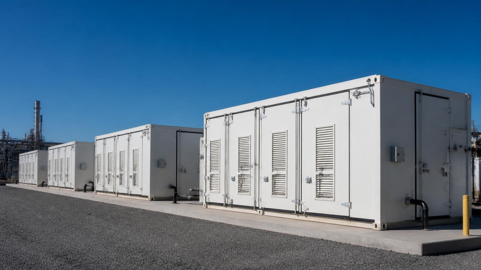 Grid-scale battery energy storage system (BESS) containers at an industrial facility